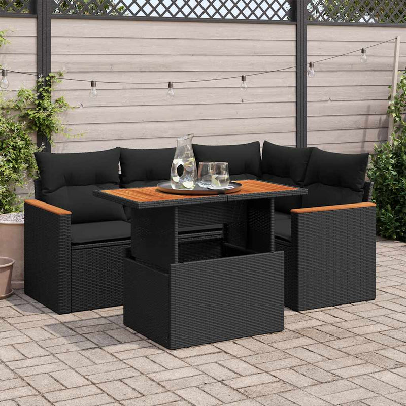 5 Piece Garden Sofa Set with Cushions Black Poly Rattan Acacia Payday Deals