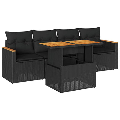 5 Piece Garden Sofa Set with Cushions Black Poly Rattan Acacia Payday Deals