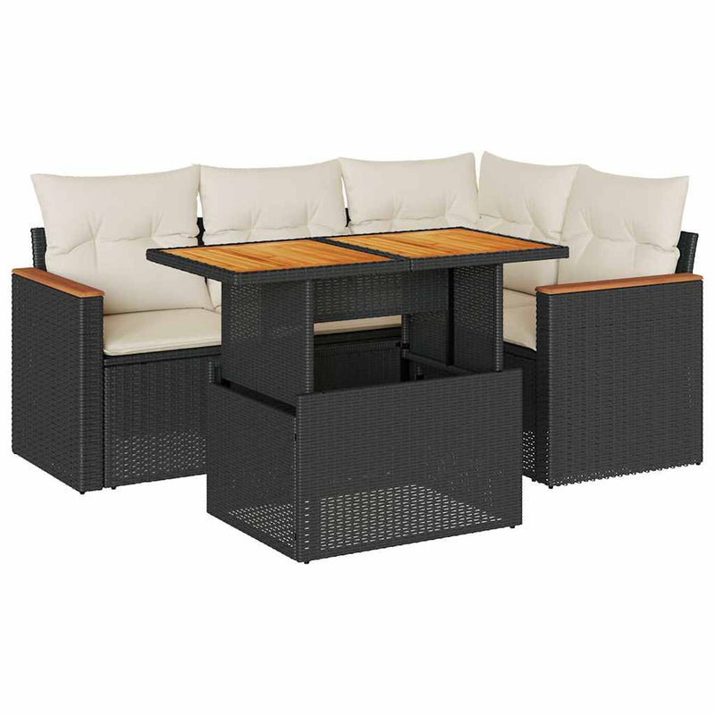 5 Piece Garden Sofa Set with Cushions Black Poly Rattan Acacia Payday Deals