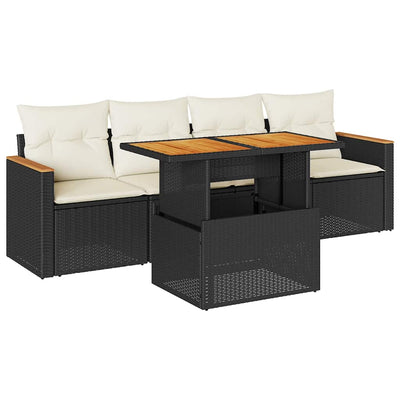 5 Piece Garden Sofa Set with Cushions Black Poly Rattan Acacia Payday Deals