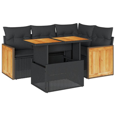 5 Piece Garden Sofa Set with Cushions Black Poly Rattan Acacia Payday Deals