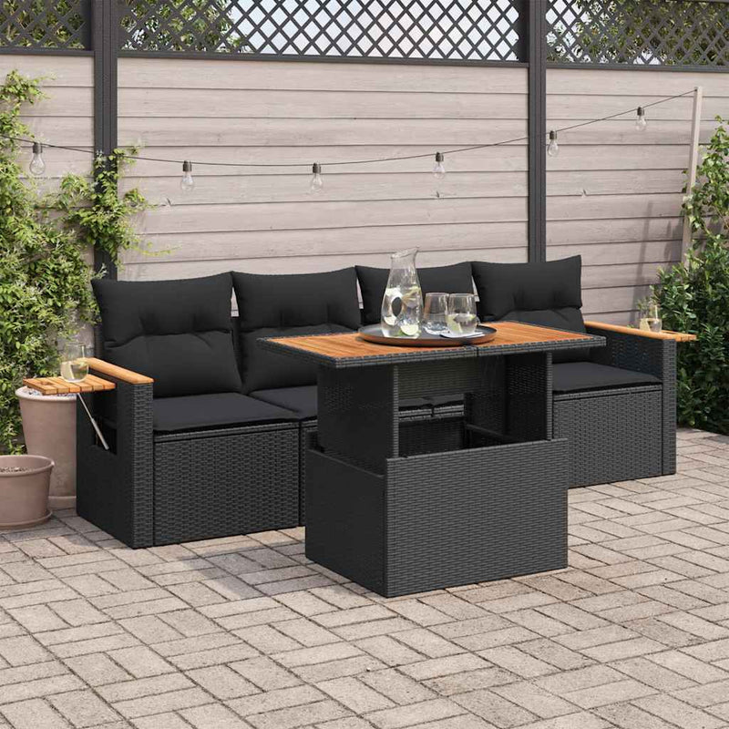 5 Piece Garden Sofa Set with Cushions Black Poly Rattan Acacia Payday Deals