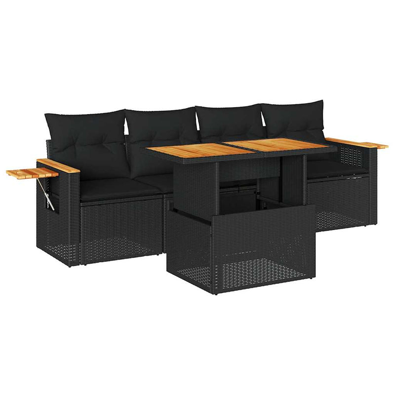 5 Piece Garden Sofa Set with Cushions Black Poly Rattan Acacia Payday Deals