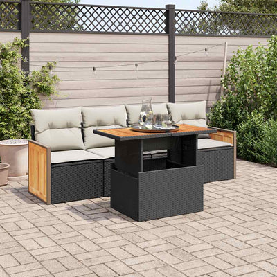 5 Piece Garden Sofa Set with Cushions Black Poly Rattan Acacia