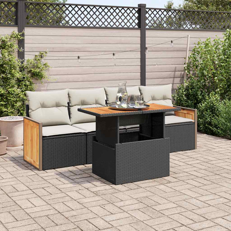 5 Piece Garden Sofa Set with Cushions Black Poly Rattan Acacia Payday Deals