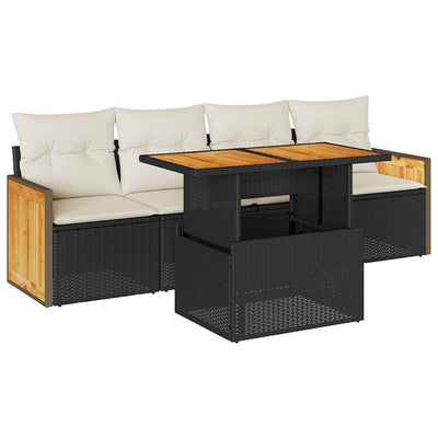 5 Piece Garden Sofa Set with Cushions Black Poly Rattan Acacia Payday Deals