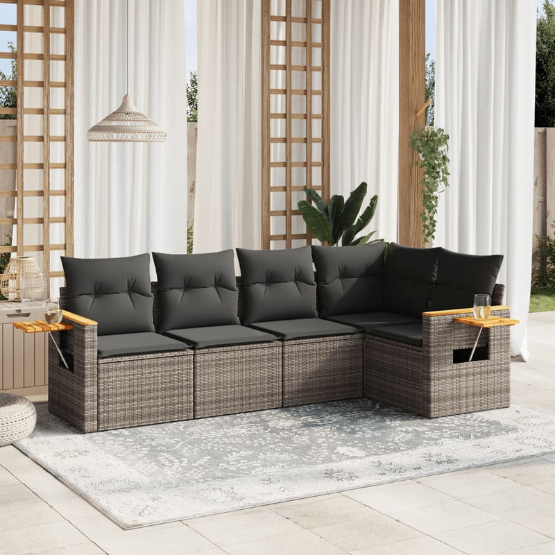 5 Piece Garden Sofa Set with Cushions Grey Poly Rattan Payday Deals