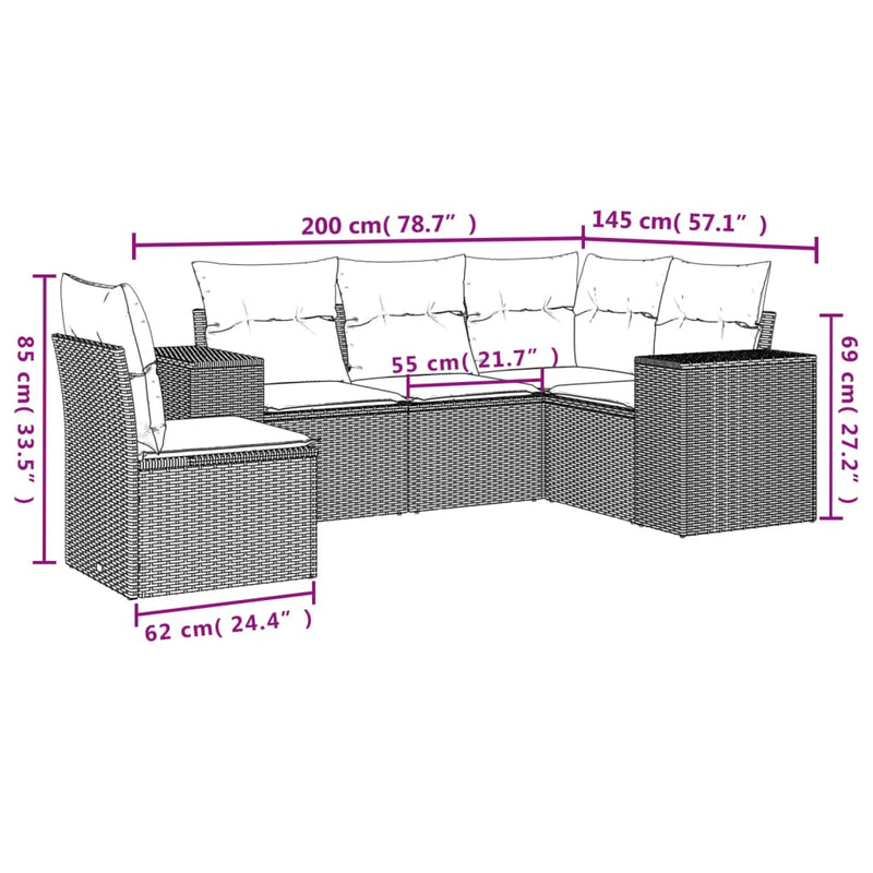 5 Piece Garden Sofa Set with Cushions Grey Poly Rattan Payday Deals