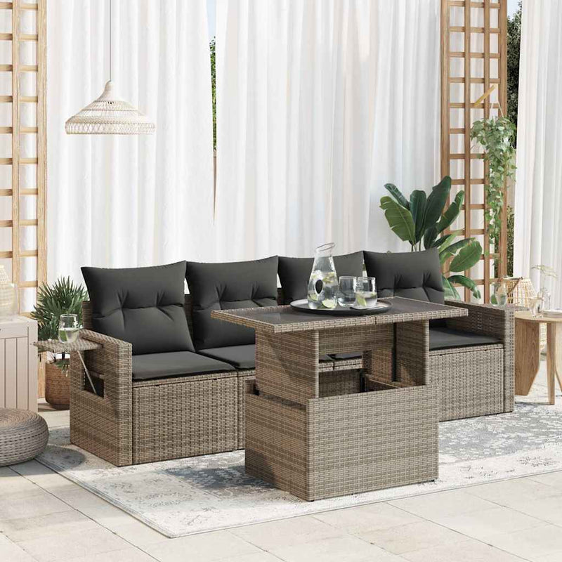 5 Piece Garden Sofa Set with Cushions Grey Poly Rattan Payday Deals
