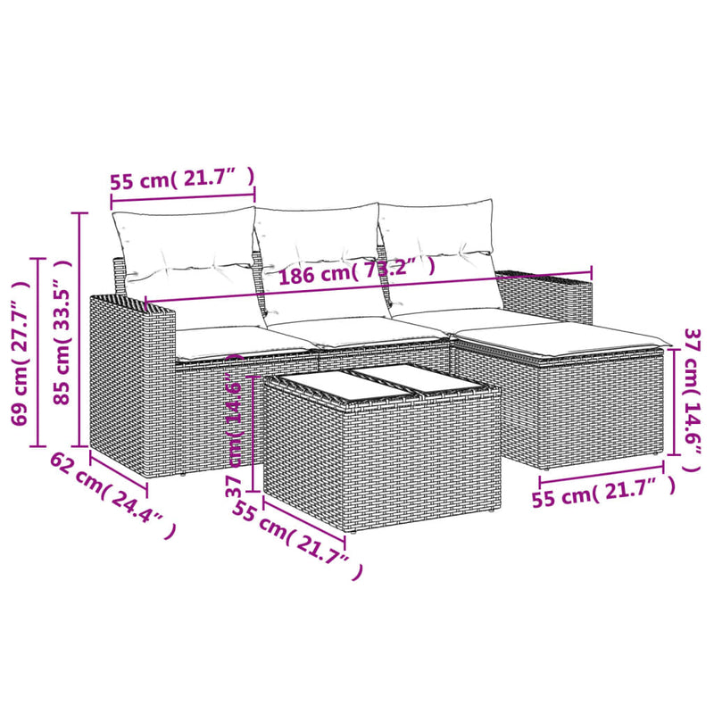 5 Piece Garden Sofa Set with Cushions Grey Poly Rattan Payday Deals