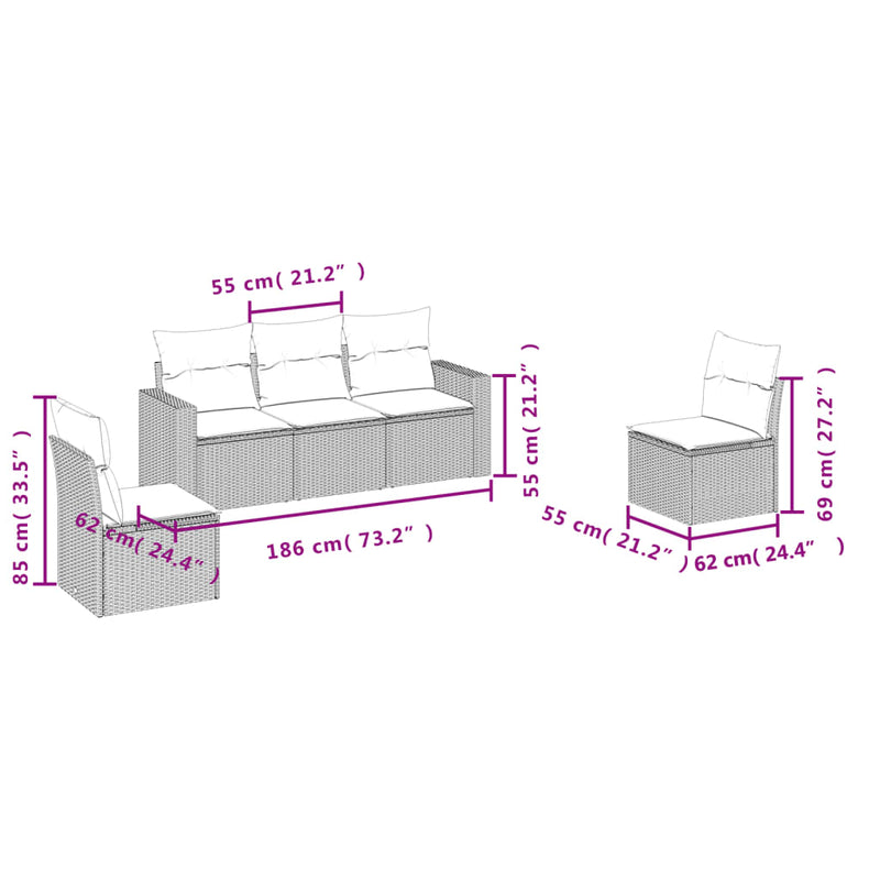 5 Piece Garden Sofa Set with Cushions Grey Poly Rattan Payday Deals
