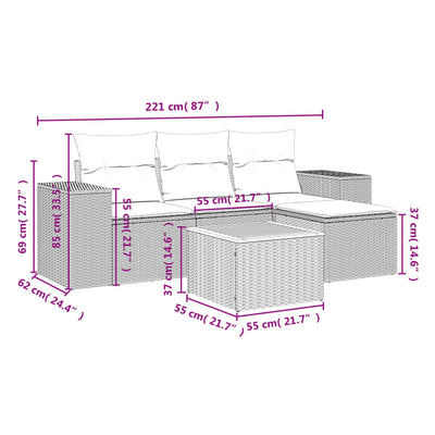 5 Piece Garden Sofa Set with Cushions Grey Poly Rattan Payday Deals