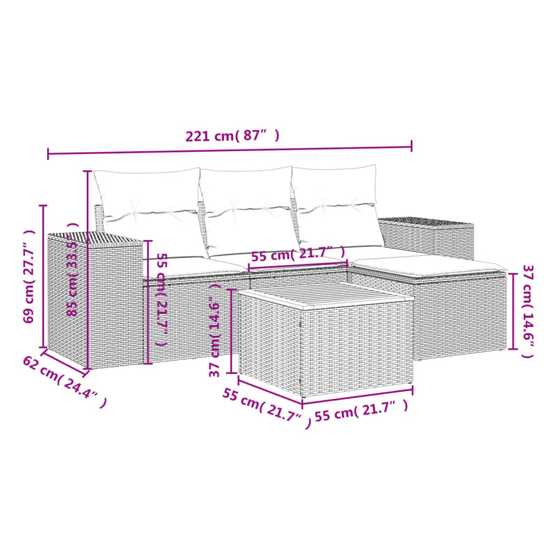 5 Piece Garden Sofa Set with Cushions Grey Poly Rattan Payday Deals