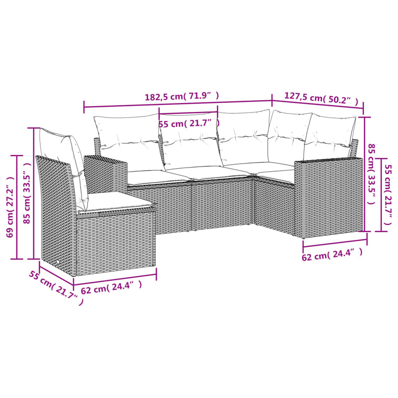 5 Piece Garden Sofa Set with Cushions Grey Poly Rattan Payday Deals
