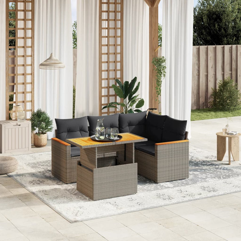 5 Piece Garden Sofa Set with Cushions Grey Poly Rattan Payday Deals
