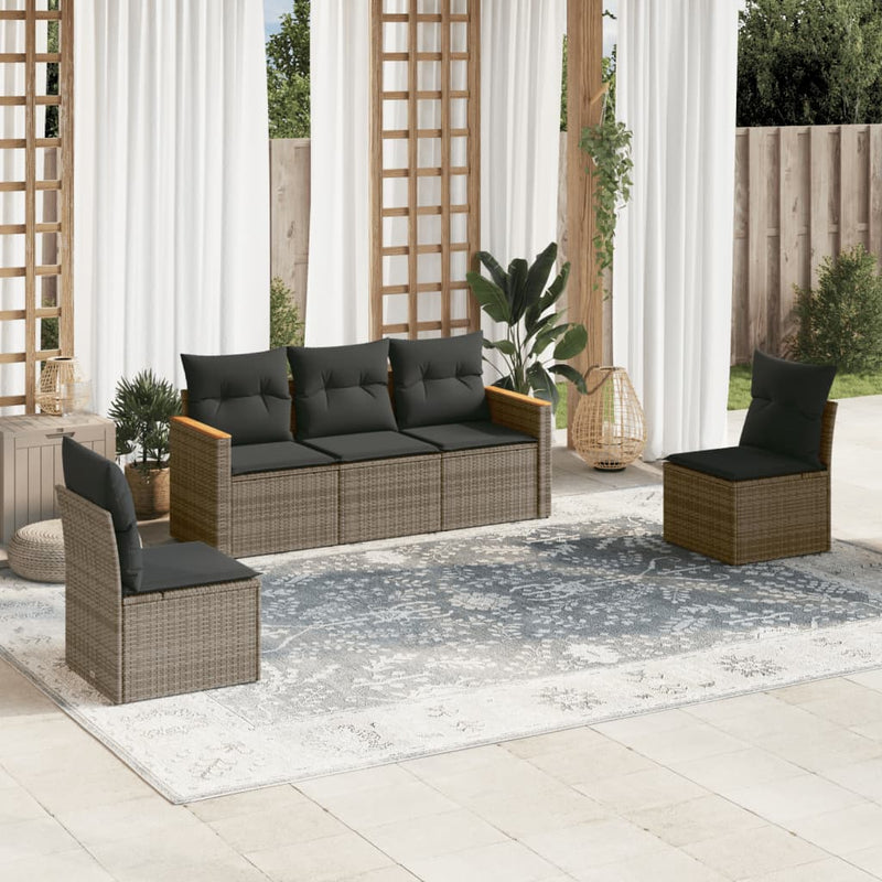 5 Piece Garden Sofa Set with Cushions Grey Poly Rattan Payday Deals