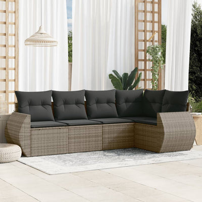 5 Piece Garden Sofa Set with Cushions Grey Poly Rattan