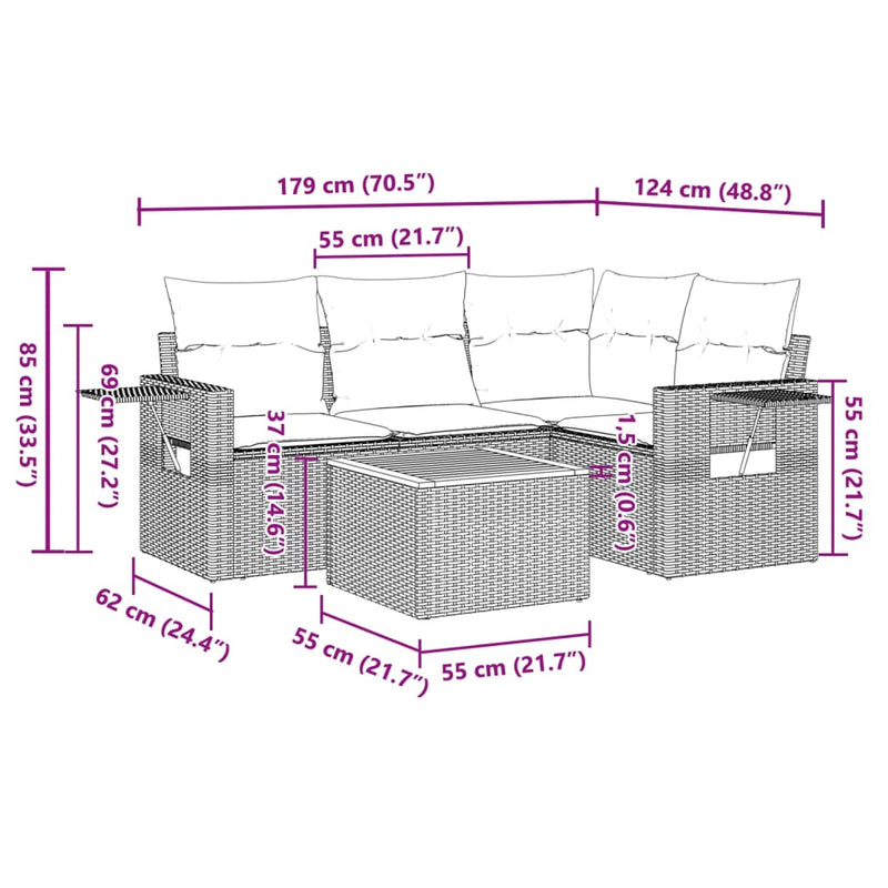 5 Piece Garden Sofa Set with Cushions Grey Poly Rattan Payday Deals