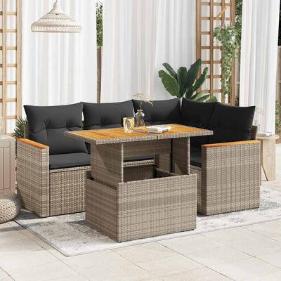 5 Piece Garden Sofa Set with Cushions Grey Poly Rattan Acacia Payday Deals