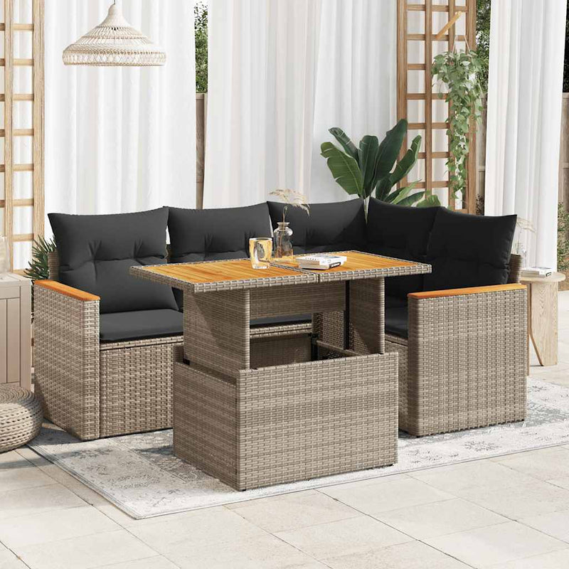 5 Piece Garden Sofa Set with Cushions Grey Poly Rattan Acacia Payday Deals