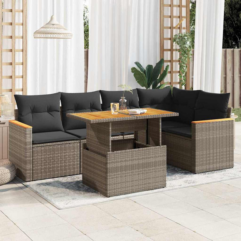 5 Piece Garden Sofa Set with Cushions Grey Poly Rattan Acacia Payday Deals