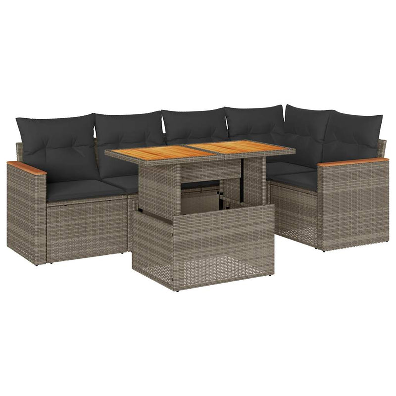 5 Piece Garden Sofa Set with Cushions Grey Poly Rattan Acacia Payday Deals