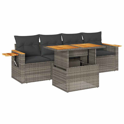 5 Piece Garden Sofa Set with Cushions Grey Poly Rattan Acacia Payday Deals