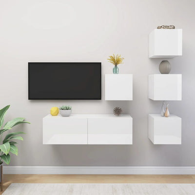 5 Piece TV Cabinet Set High Gloss White Engineered Wood