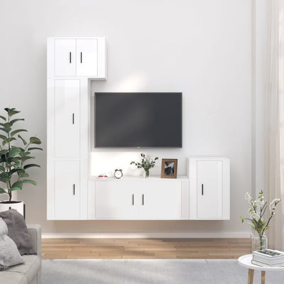 5 Piece TV Cabinet Set High Gloss White Engineered Wood