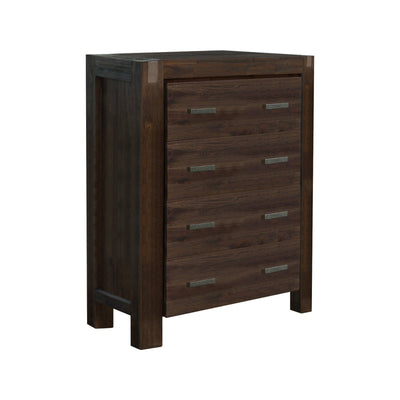 5 Pieces Bedroom Suite in Solid Wood Veneered Acacia Construction Timber Slat Double Size Chocolate Colour Bed, Bedside Table, Tallboy & Dresser Payday Deals