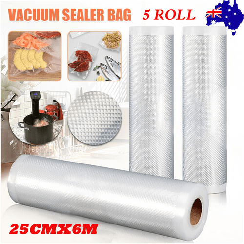 5 Roll VACUUM FOOD SEALER BAGS SAVER SEAL ROLLS STORAGE COMMERCIAL HEAT GRADE 25CMX6M Payday Deals