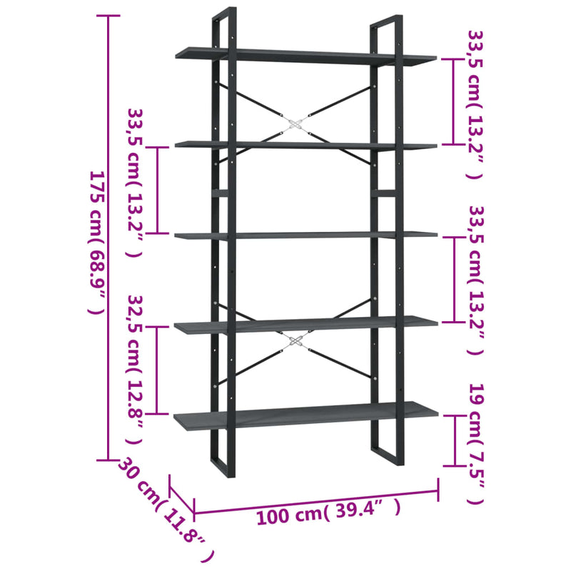 5-Tier Book Cabinet Grey 100x30x175 cm Pinewood Payday Deals