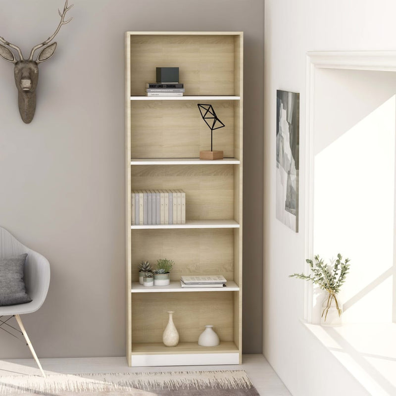 5-Tier Book Cabinet White and Sonoma Oak 60x24x175 cm Engineered Wood Payday Deals