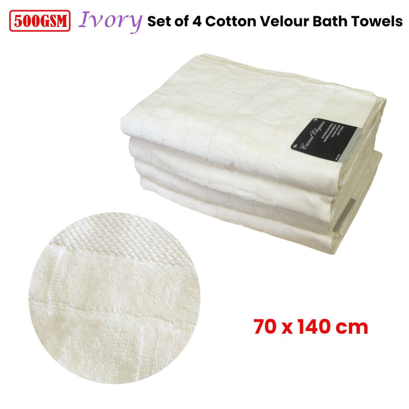 500GSM Set of 4 100% Cotton Velour Bath Towels Ivory 70 x 140 cm Payday Deals