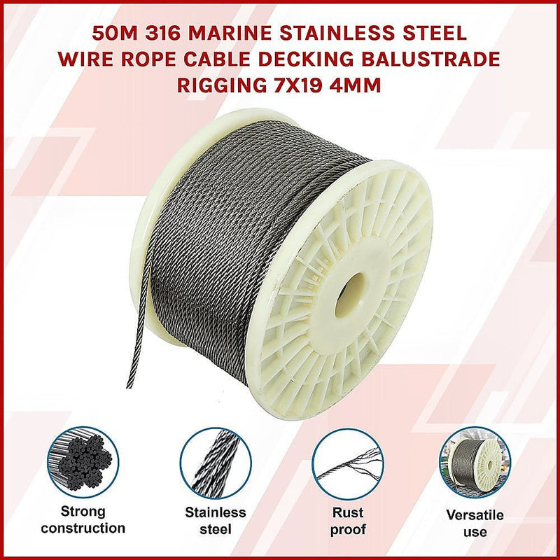 50M 316 Marine Stainless Steel Wire Rope Cable Decking Balustrade Rigging 7x19 4mm Payday Deals