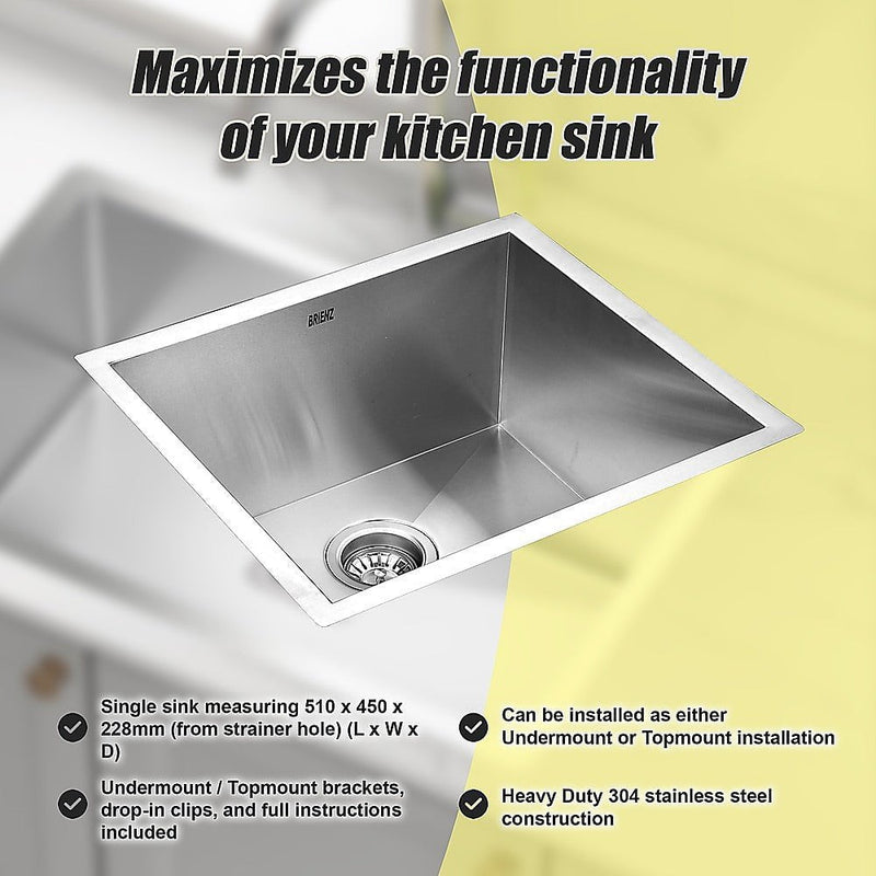 510x450mm Handmade Stainless Steel Undermount / Topmount Kitchen Laundry Sink with Waste Payday Deals