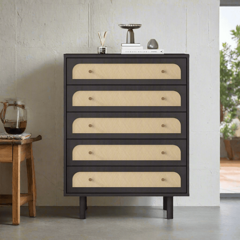 Elisa 5-Drawer Chest of Drawers Dresser with Curved Fronts and Dark Finish