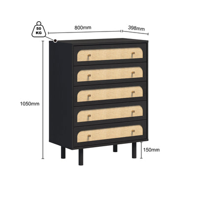 Elisa 5-Drawer Chest of Drawers Dresser with Curved Fronts and Dark Finish