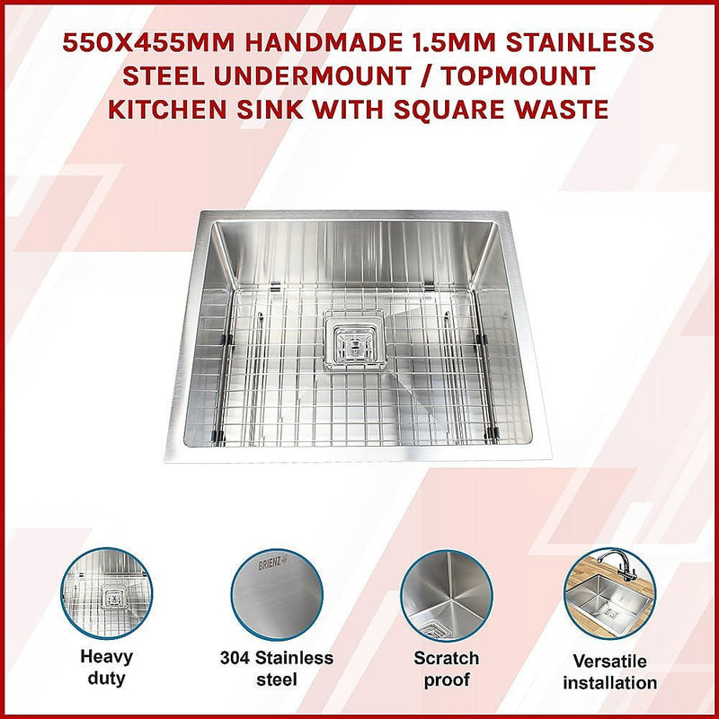 550x455mm Handmade 1.5mm Stainless Steel Undermount / Topmount Kitchen Sink with Square Waste Payday Deals