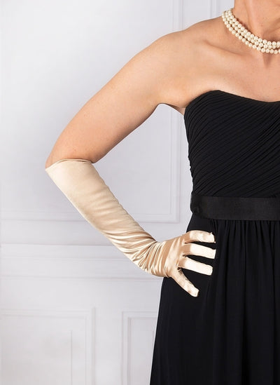 Womens Long Above Elbow Satin Gloves  - Gold