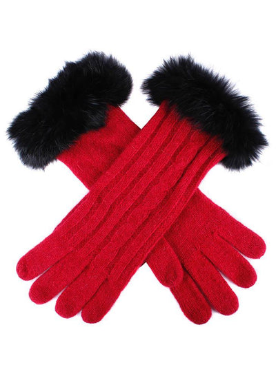 Dents Womens Lambswool Angora Blend Cable Knit Gloves w/ Fur Cuff - Berry/Black