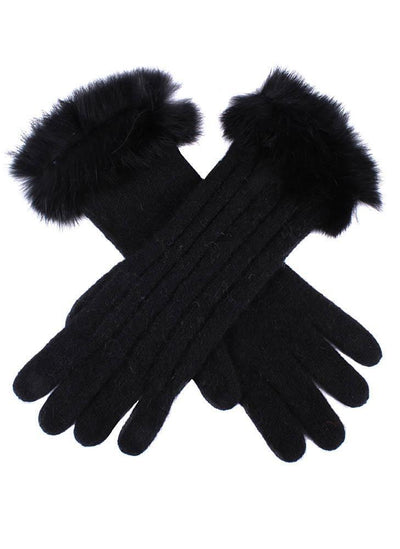 Dents Womens Lambswool Angora And Nylon Blend Cable Knit Gloves With Fur Cuff - Black