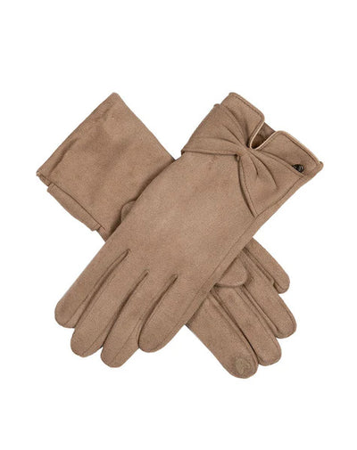 Women's Touchscreen Velour-Lined Faux Suede Gloves with Bow - Camel