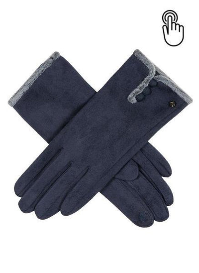 Womens Soft Feel Touchscreen Gloves with Faux Fur and Button Trim