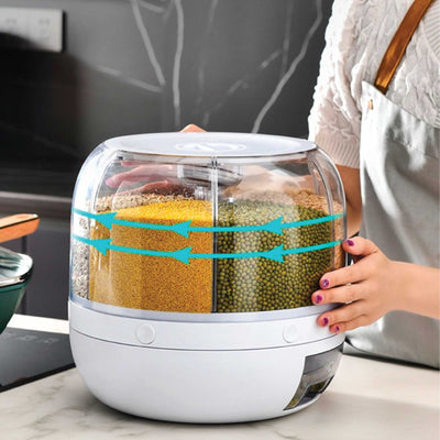 6 Grid Rotating Food Grain Dispenser 3.6L - Compartment Storage Container Payday Deals