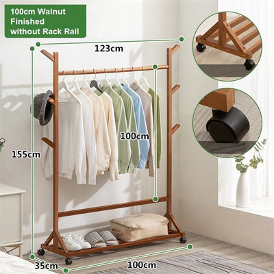 6 Hook No Rack Rail Walnut Finished Portable Coat Stand Rack Rail Clothes Hat Garment Hanger Hook with Shelf Bamboo Payday Deals