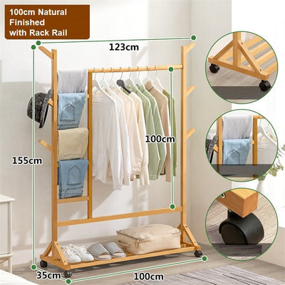 6 Hook Rack Rail Walnut Finished Portable Coat Stand Rack Rail Clothes Hat Garment Hanger Hook with Shelf Bamboo Payday Deals