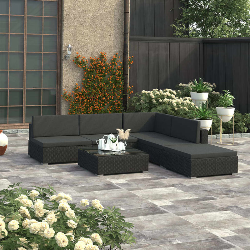 6 Piece Garden Lounge Set Black with Cushions Poly Rattan Payday Deals