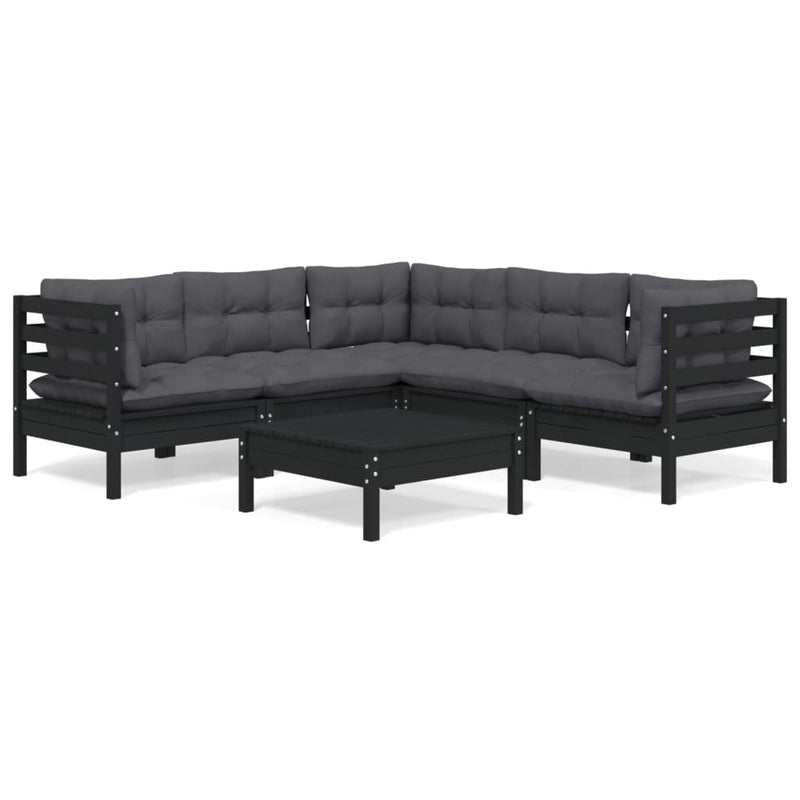 6 Piece Garden Lounge Set with Cushions Black Solid Pinewood Payday Deals