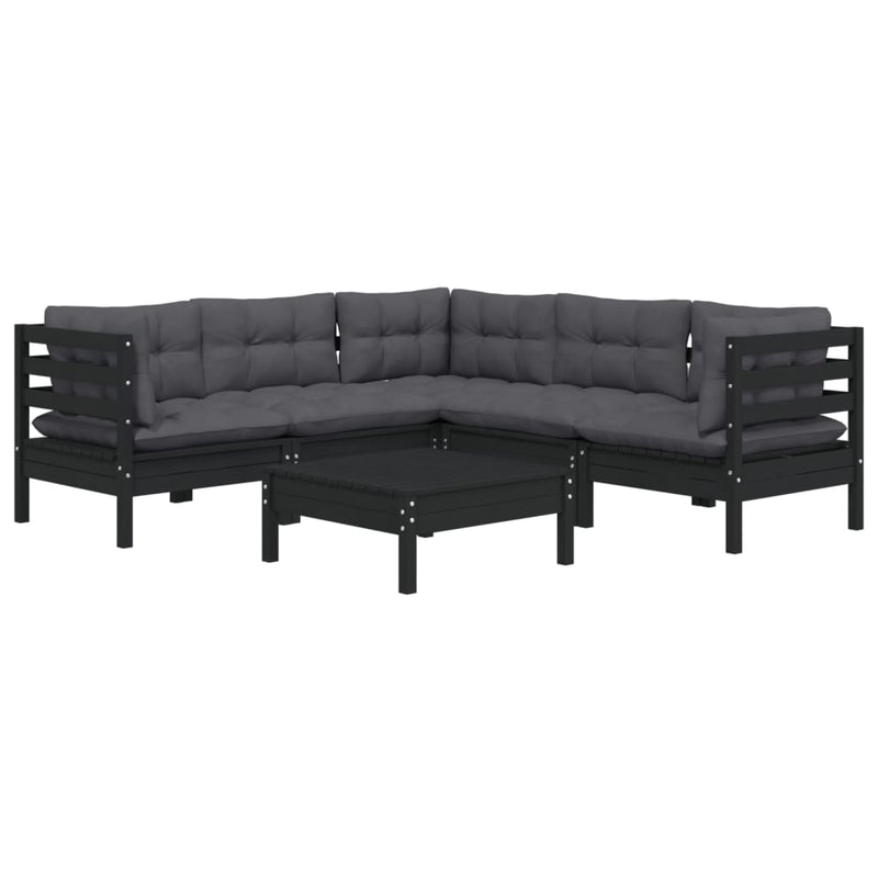 6 Piece Garden Lounge Set with Cushions Black Solid Pinewood Payday Deals